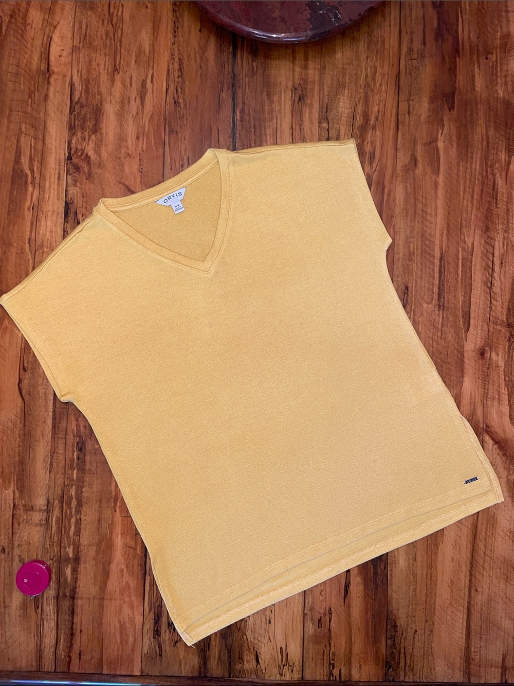 Orvis Sweater Knit Mustard Yellow V-Neck Lightweight Blouse Sz M